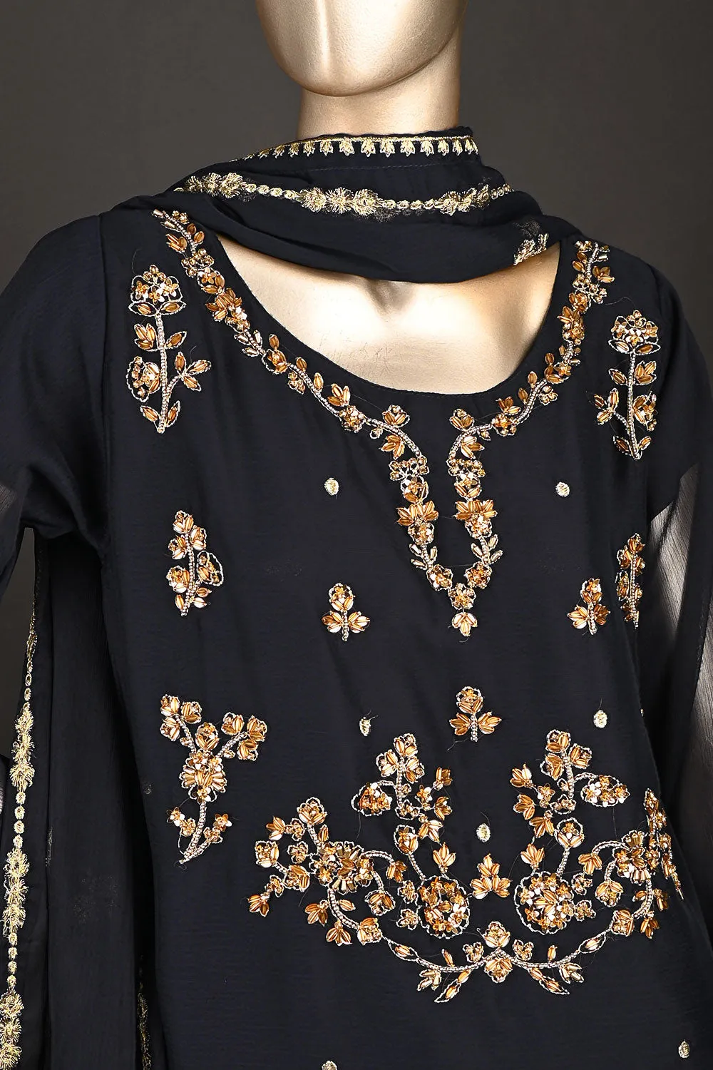 RTW-174-Navy Blue - 3Pc Ready to Wear Embroidered Adda Work Chiffon Dress