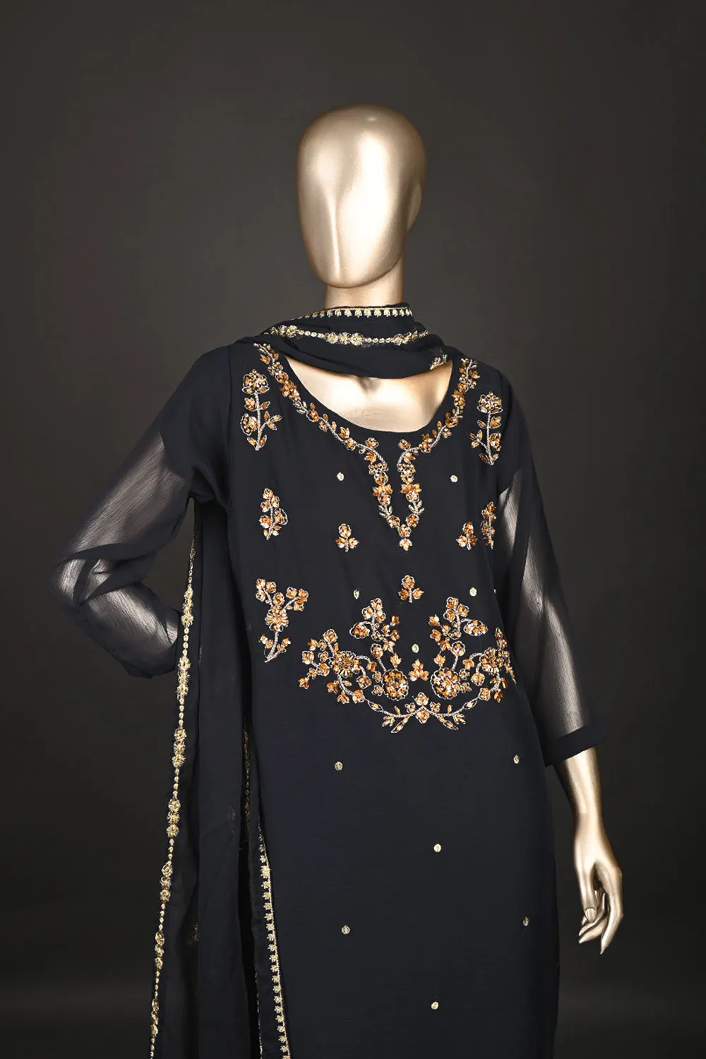 RTW-174-Navy Blue - 3Pc Ready to Wear Embroidered Adda Work Chiffon Dress