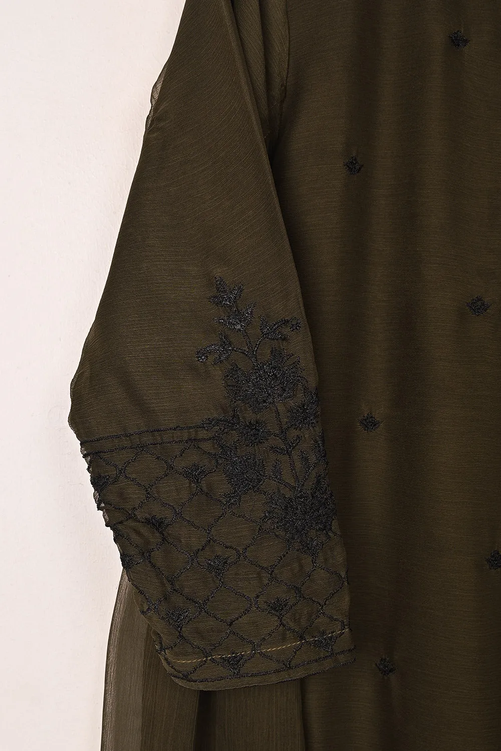 RTW-200-Mehndi -  3Pc Ready to Wear Embroidered Chiffon Dress
