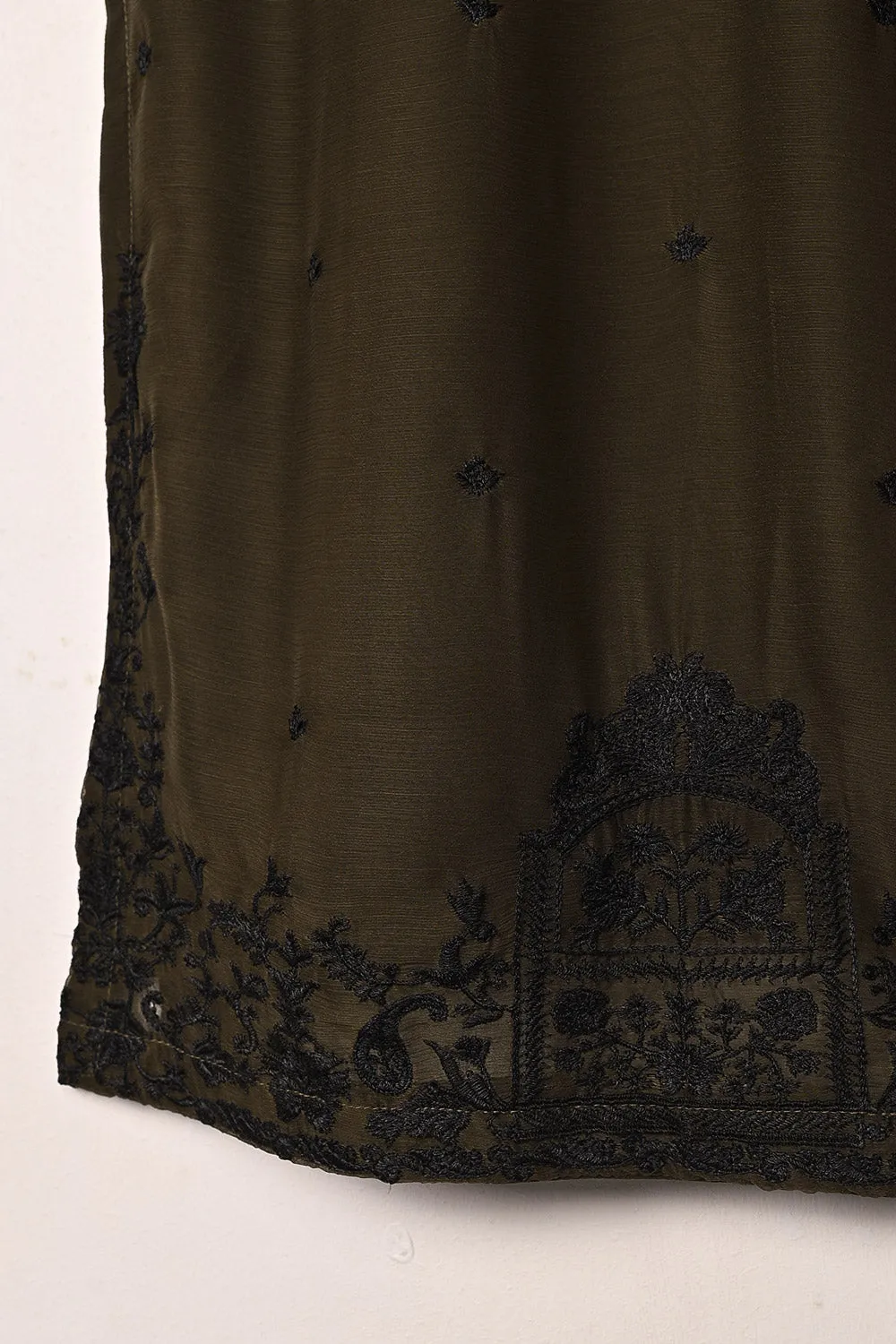 RTW-200-Mehndi -  3Pc Ready to Wear Embroidered Chiffon Dress