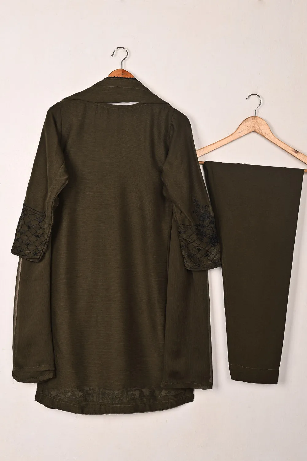 RTW-200-Mehndi -  3Pc Ready to Wear Embroidered Chiffon Dress