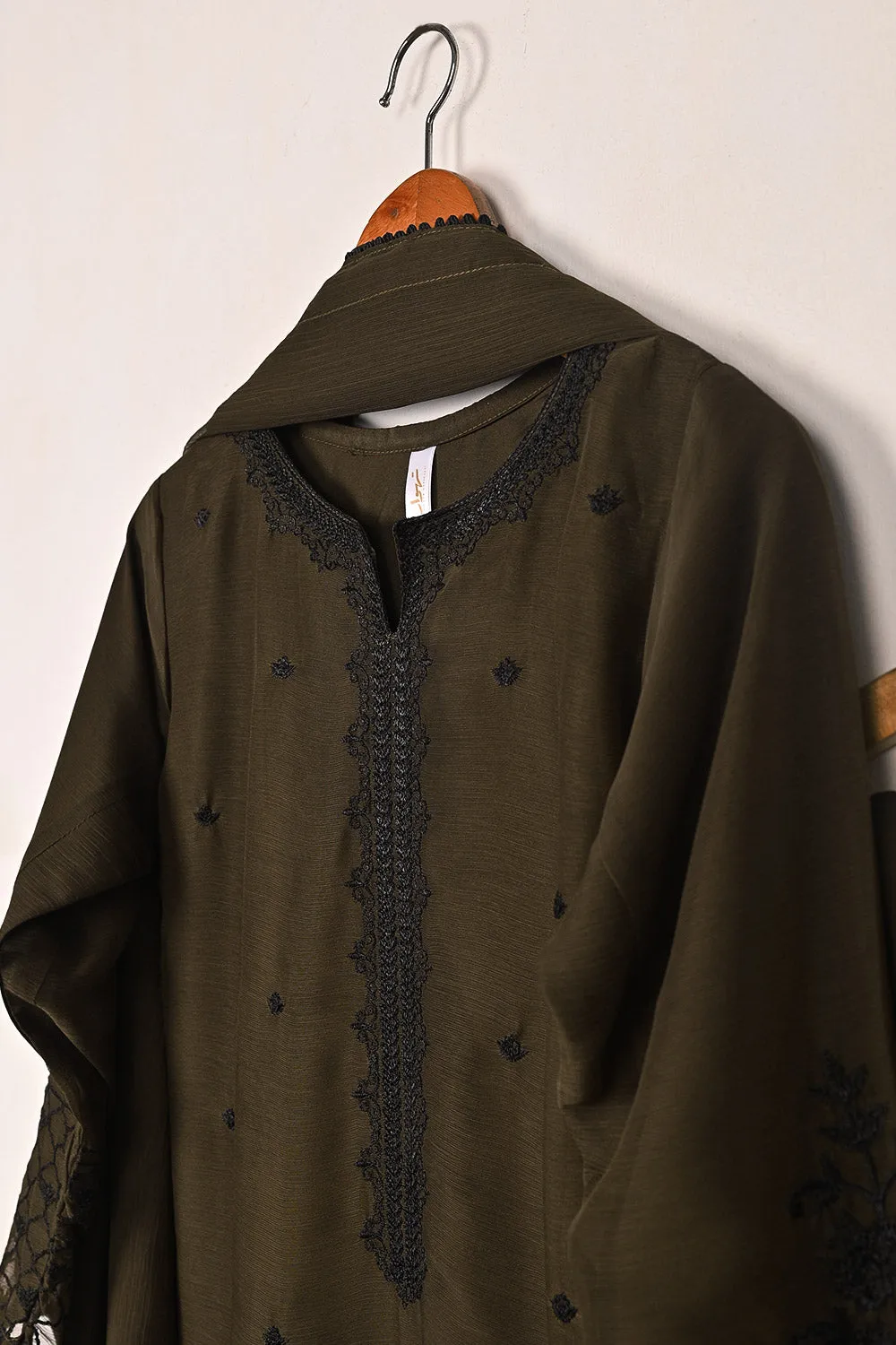 RTW-200-Mehndi -  3Pc Ready to Wear Embroidered Chiffon Dress