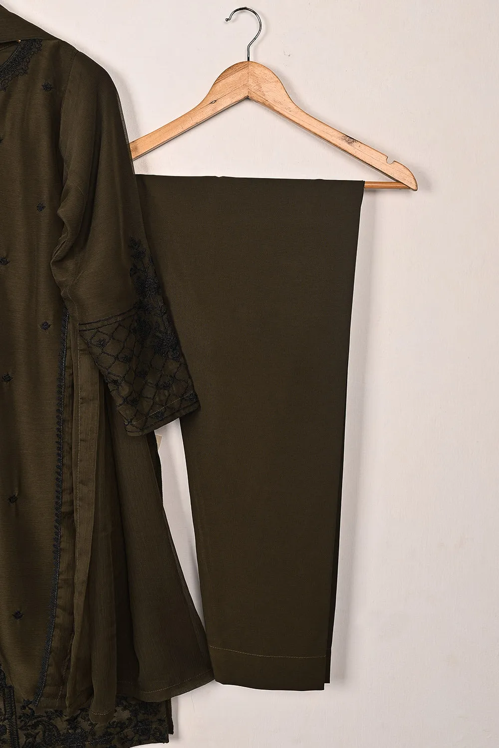 RTW-200-Mehndi -  3Pc Ready to Wear Embroidered Chiffon Dress