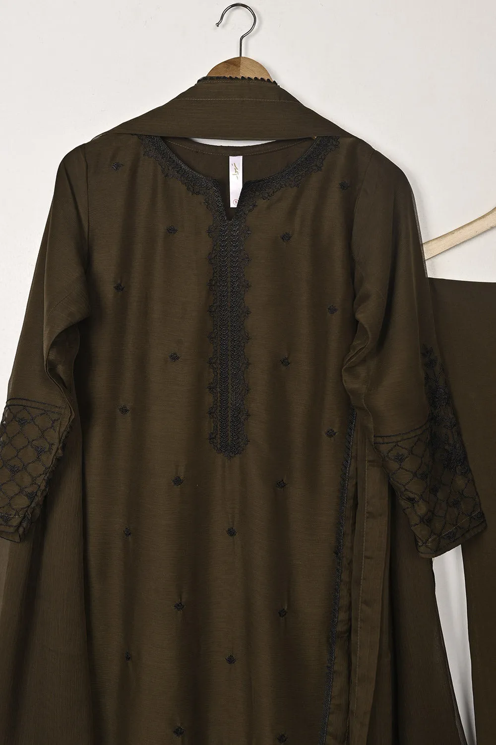RTW-200-Mehndi -  3Pc Ready to Wear Embroidered Chiffon Dress
