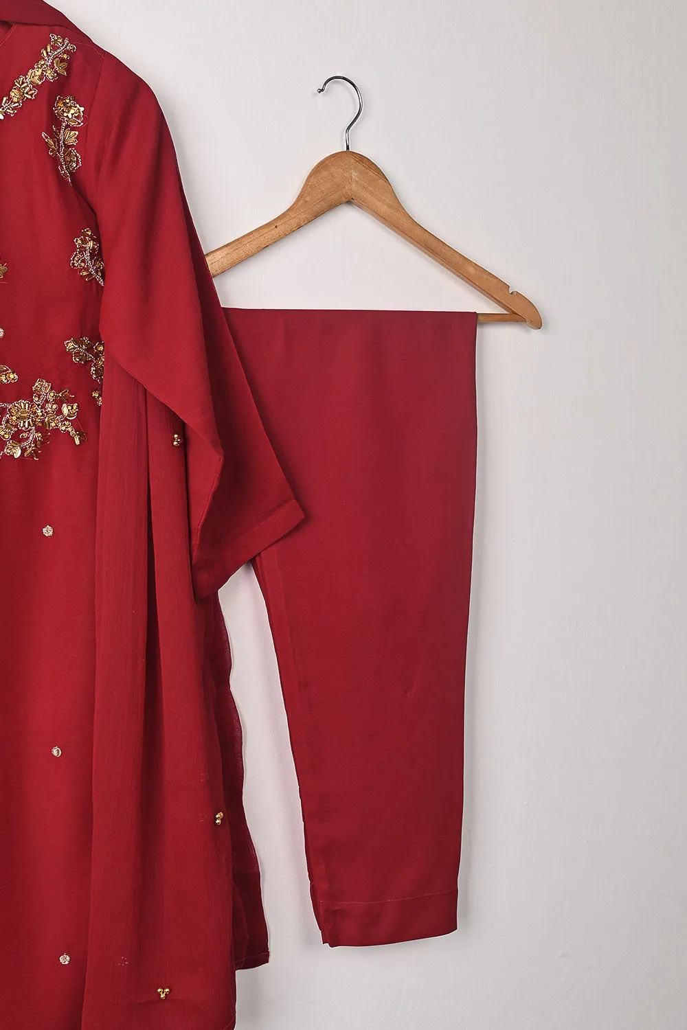 RTW-259-Red - 3Pc Ready to Wear Embroidered Adda Work Chiffon Dress