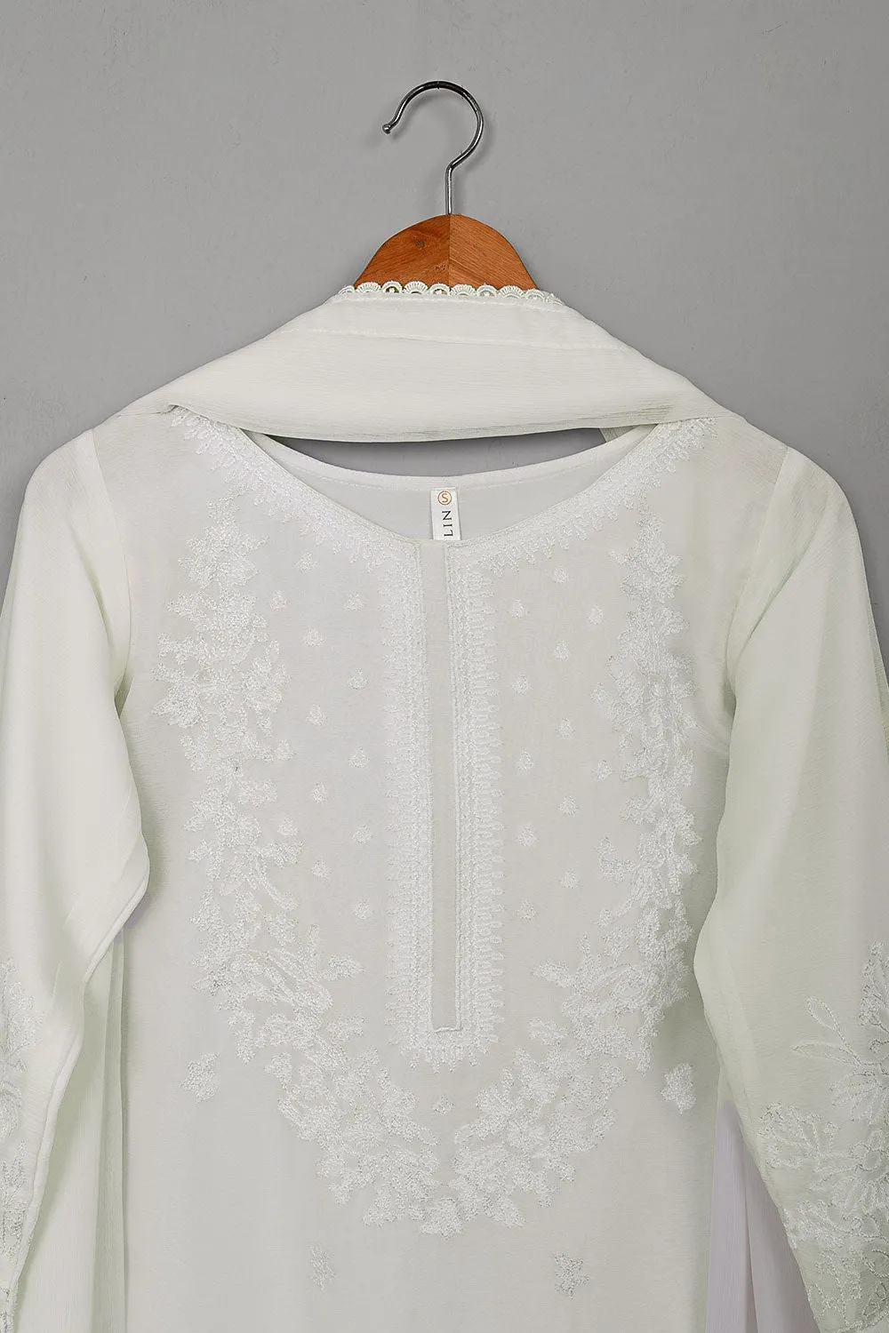 RTW-264-Off White - 3Pc Ready to Wear Embroidered Chiffon Dress