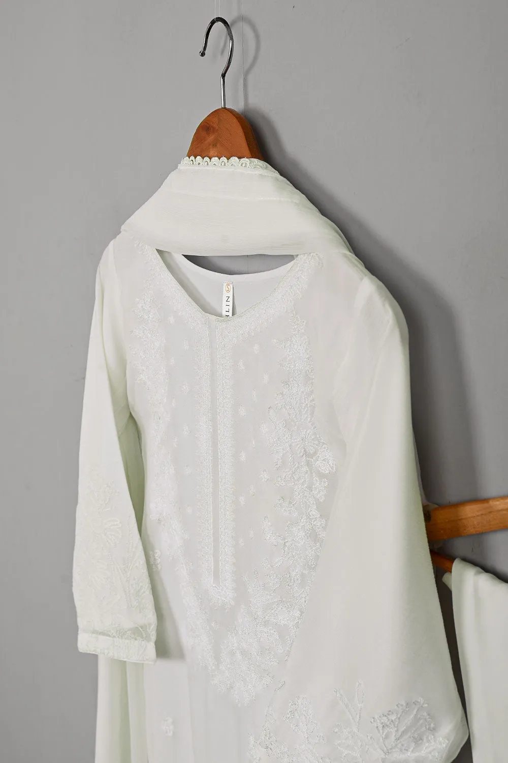 RTW-264-Off White - 3Pc Ready to Wear Embroidered Chiffon Dress