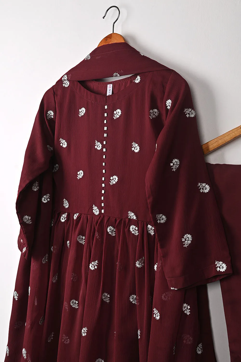 RTW-346-Maroon - 3Pc Ready to Wear Embroidered Chiffon Frock
