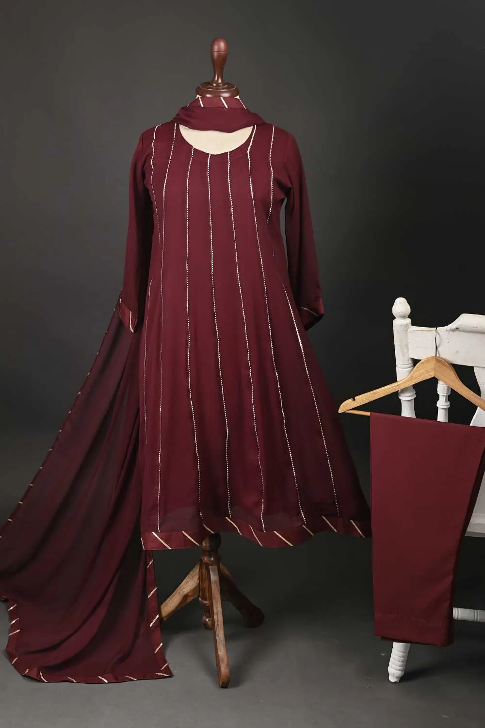 RTW-74-Maroon -  3Pc Stitched Chiffon Frock