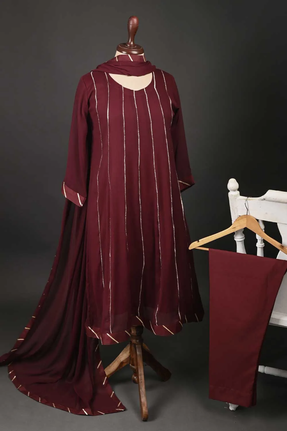 RTW-74-Maroon -  3Pc Stitched Chiffon Frock