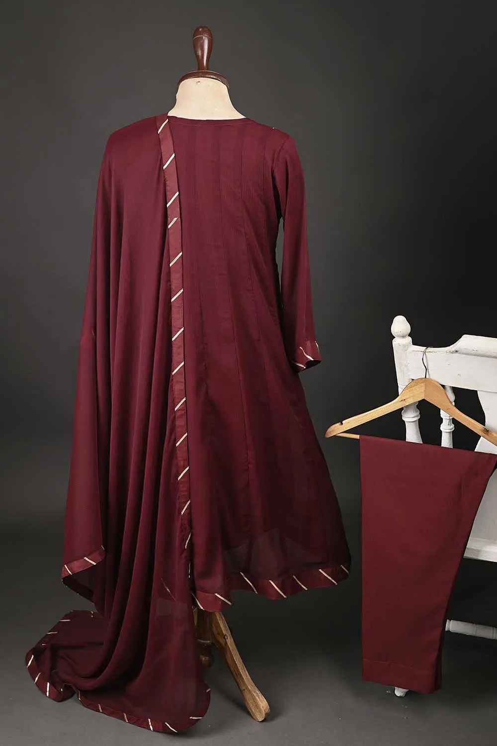 RTW-74-Maroon -  3Pc Stitched Chiffon Frock