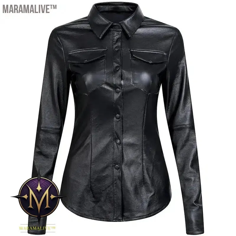 S-4XL Women Faux Leather Shirt Long Sleeve Ladies Plus Velvet Blouses Women Streetwear Motorcycle Leather Shirts Black Tops C367