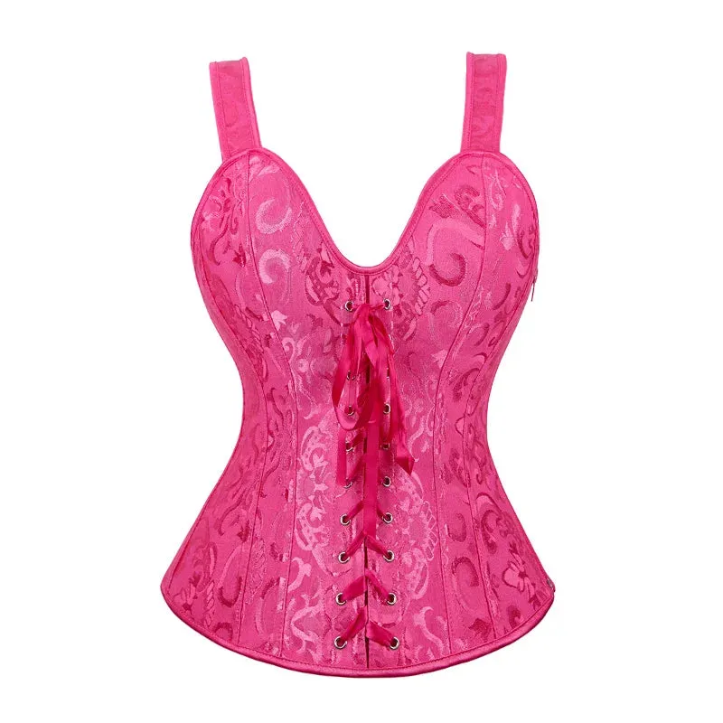 S Overbust Corset Top with Straps Jacquard Corset Bustier Zipper Plus Size for Women Corset Dress with Skirt Black Red purple