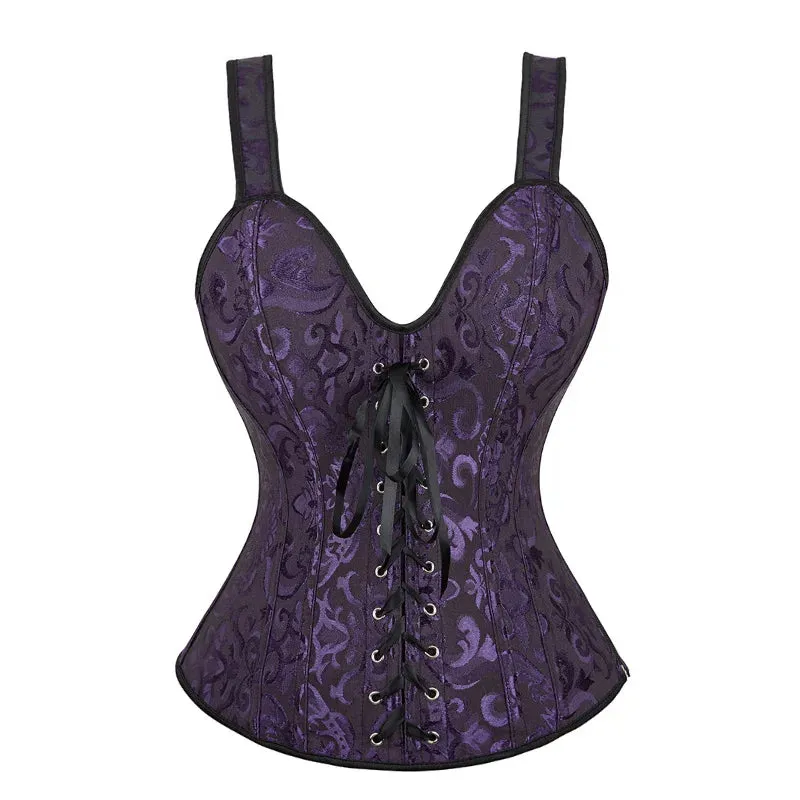 S Overbust Corset Top with Straps Jacquard Corset Bustier Zipper Plus Size for Women Corset Dress with Skirt Black Red purple