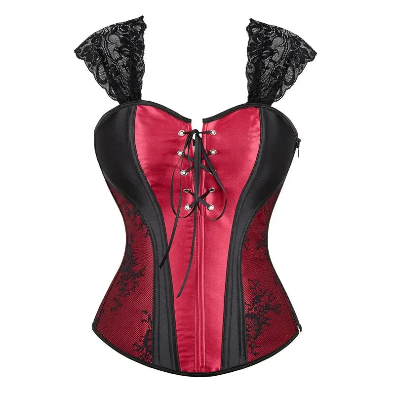 S Overbust Corset Top with Straps Jacquard Corset Bustier Zipper Plus Size for Women Corset Dress with Skirt Black Red purple
