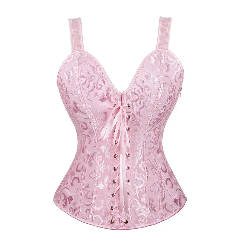 S Overbust Corset Top with Straps Jacquard Corset Bustier Zipper Plus Size for Women Corset Dress with Skirt Black Red purple