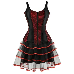 S Overbust Corset Top with Straps Jacquard Corset Bustier Zipper Plus Size for Women Corset Dress with Skirt Black Red purple