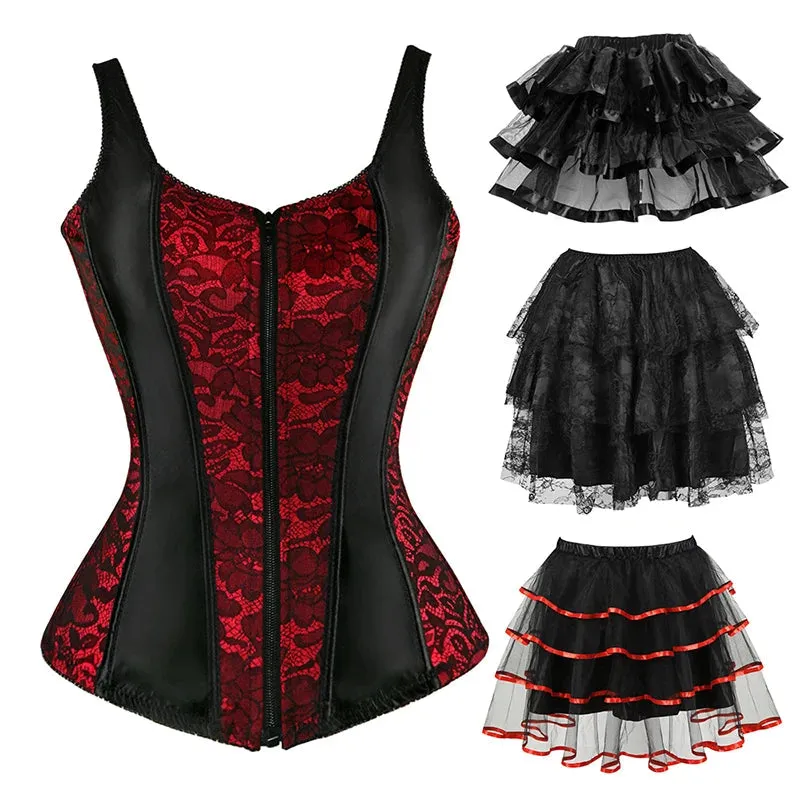 S Overbust Corset Top with Straps Jacquard Corset Bustier Zipper Plus Size for Women Corset Dress with Skirt Black Red purple