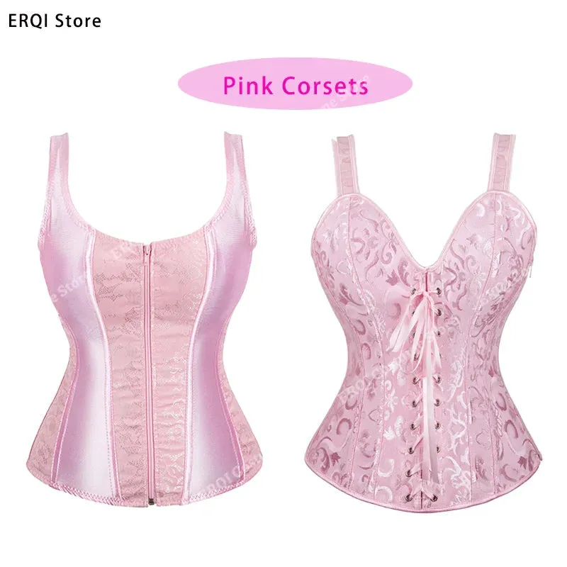 S Overbust Corset Top with Straps Jacquard Corset Bustier Zipper Plus Size for Women Corset Dress with Skirt Black Red purple