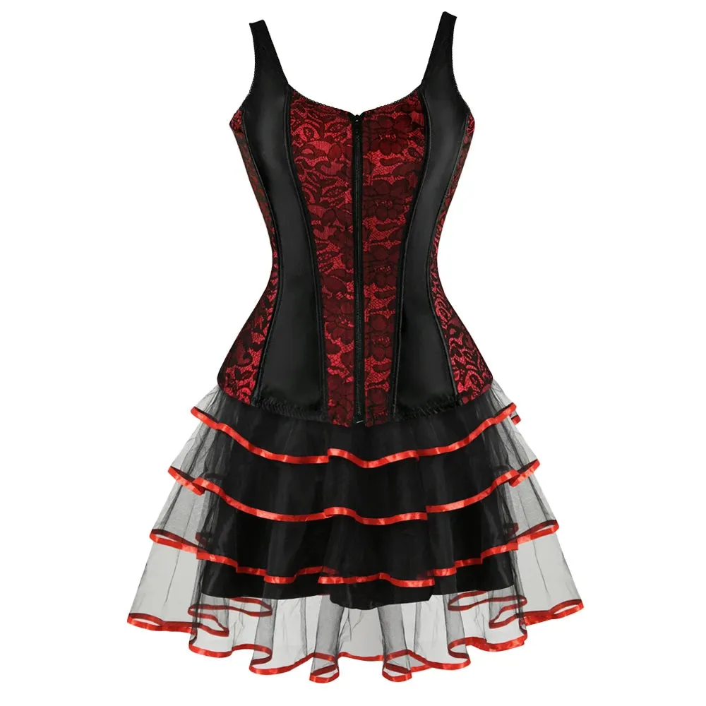 S Overbust Corset Top with Straps Jacquard Corset Bustier Zipper Plus Size for Women Corset Dress with Skirt Black Red purple