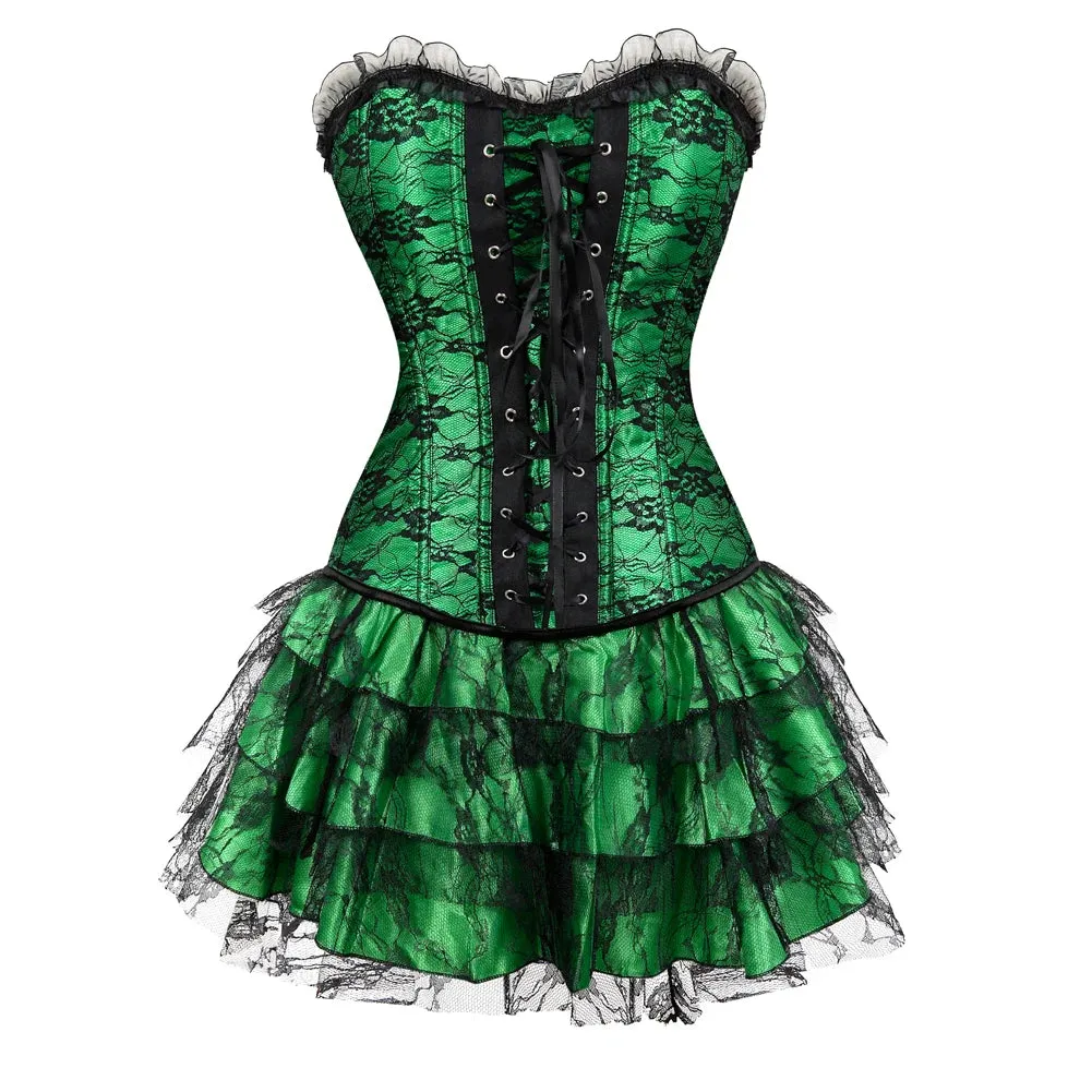 S Women's Lace Cover Overbust Corset Lace Up Boned Lingerie Zipper Side Carnival Waist and Body Shaper Bustier Plus Size