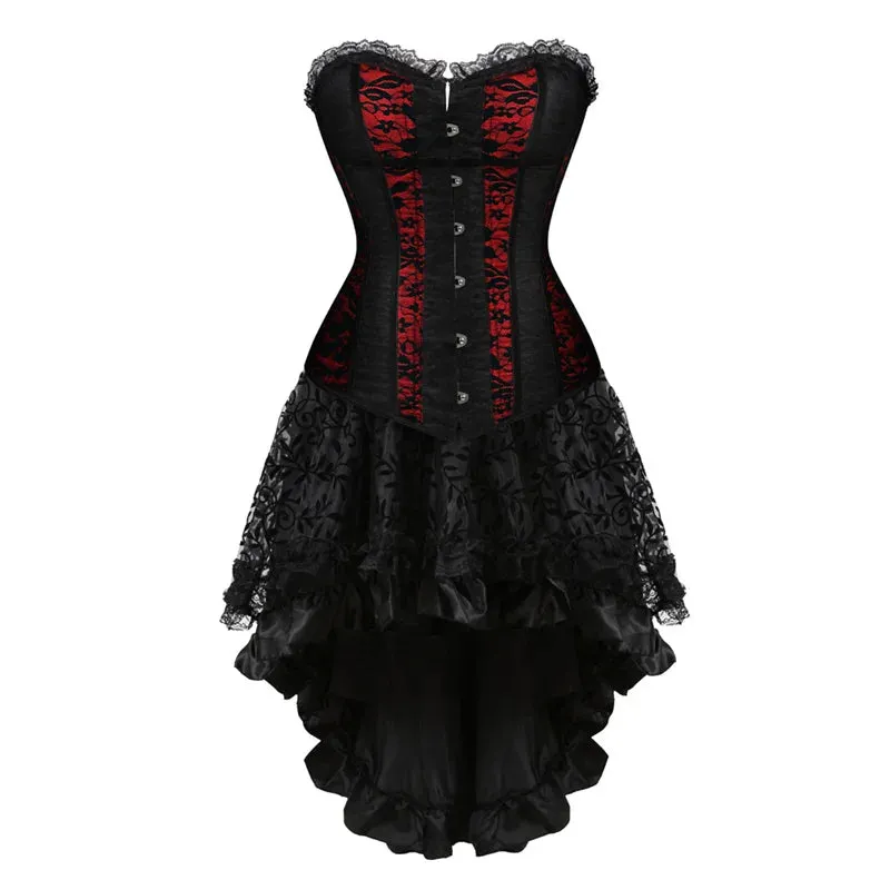 S Women's Lace Cover Overbust Corset Lace Up Boned Lingerie Zipper Side Carnival Waist and Body Shaper Bustier Plus Size