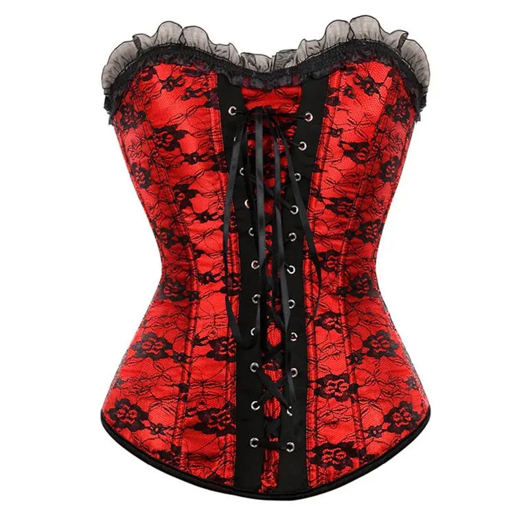 S Women's Lace Cover Overbust Corset Lace Up Boned Lingerie Zipper Side Carnival Waist and Body Shaper Bustier Plus Size