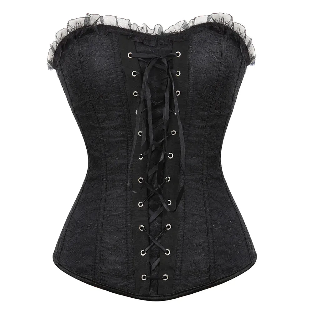 S Women's Lace Cover Overbust Corset Lace Up Boned Lingerie Zipper Side Carnival Waist and Body Shaper Bustier Plus Size