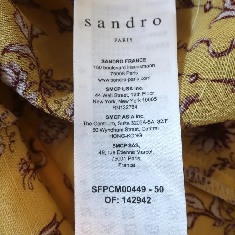 Sandro Shirt Martha Yellow Floral Print Linen-Blend Size 2 Short Sleeve Blouse