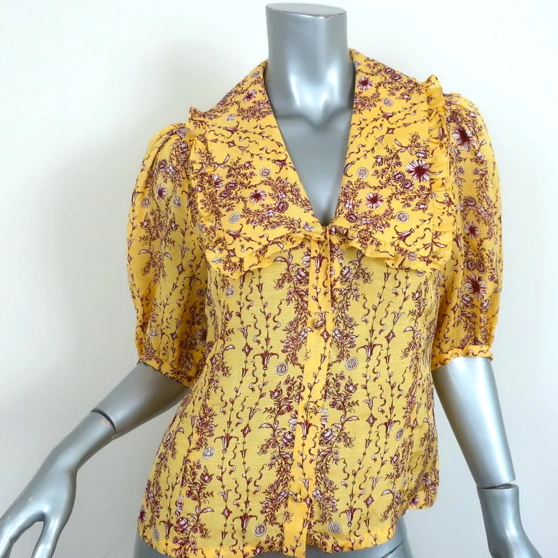 Sandro Shirt Martha Yellow Floral Print Linen-Blend Size 2 Short Sleeve Blouse