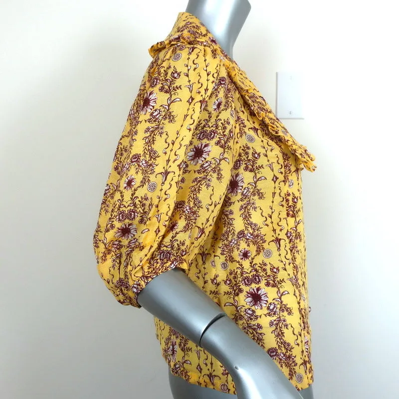 Sandro Shirt Martha Yellow Floral Print Linen-Blend Size 2 Short Sleeve Blouse