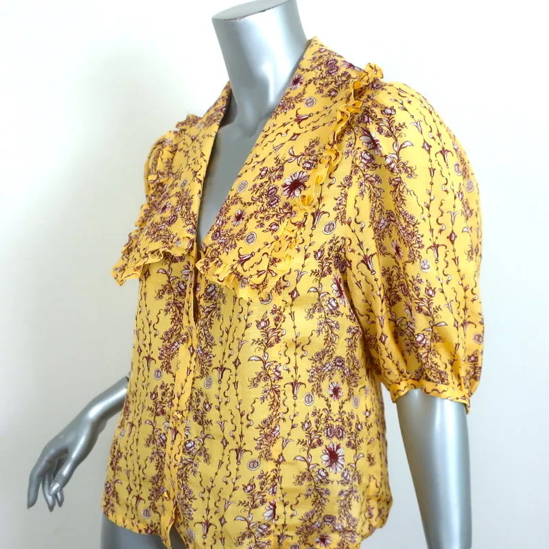 Sandro Shirt Martha Yellow Floral Print Linen-Blend Size 2 Short Sleeve Blouse
