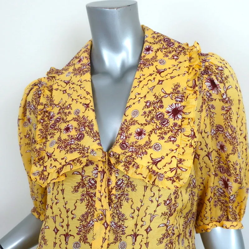 Sandro Shirt Martha Yellow Floral Print Linen-Blend Size 2 Short Sleeve Blouse