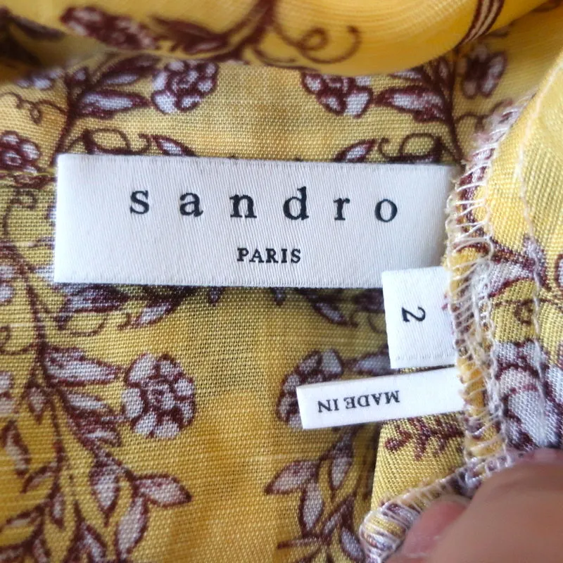 Sandro Shirt Martha Yellow Floral Print Linen-Blend Size 2 Short Sleeve Blouse