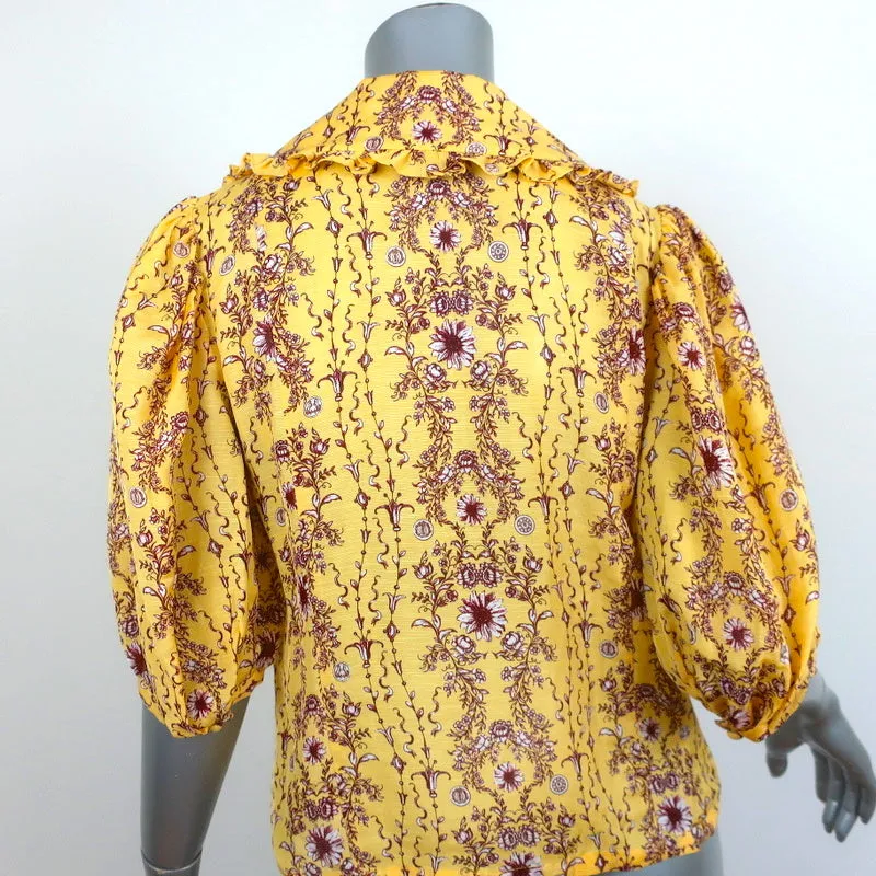 Sandro Shirt Martha Yellow Floral Print Linen-Blend Size 2 Short Sleeve Blouse