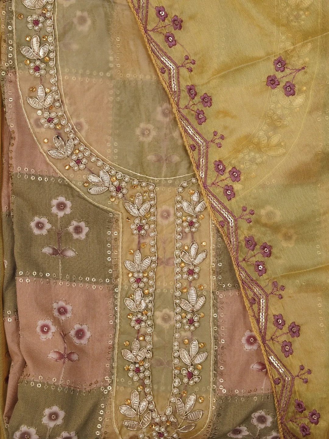 Sequin Embellished Multicolor Silk Blend Dress Material with Dupatta