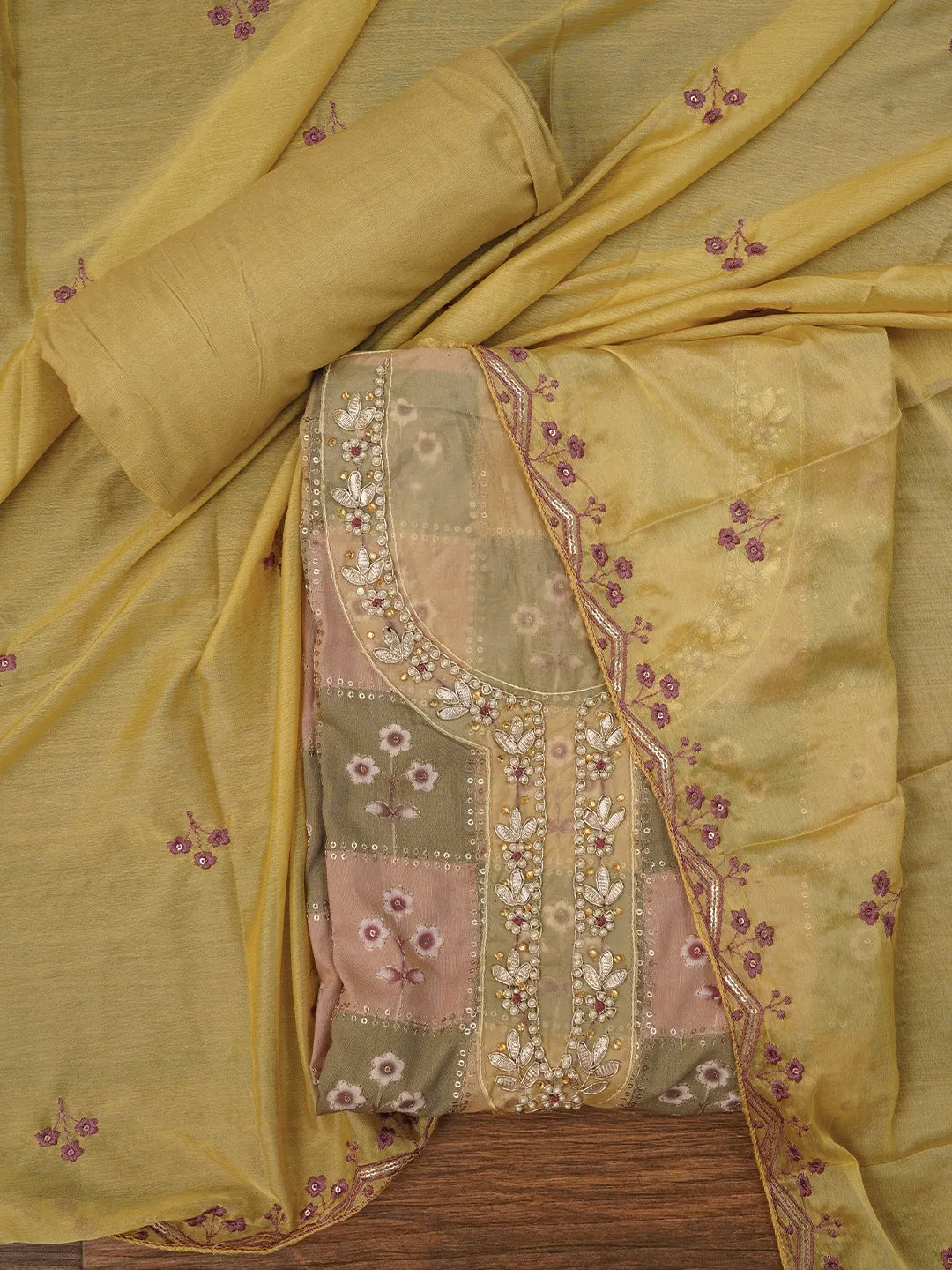 Sequin Embellished Multicolor Silk Blend Dress Material with Dupatta