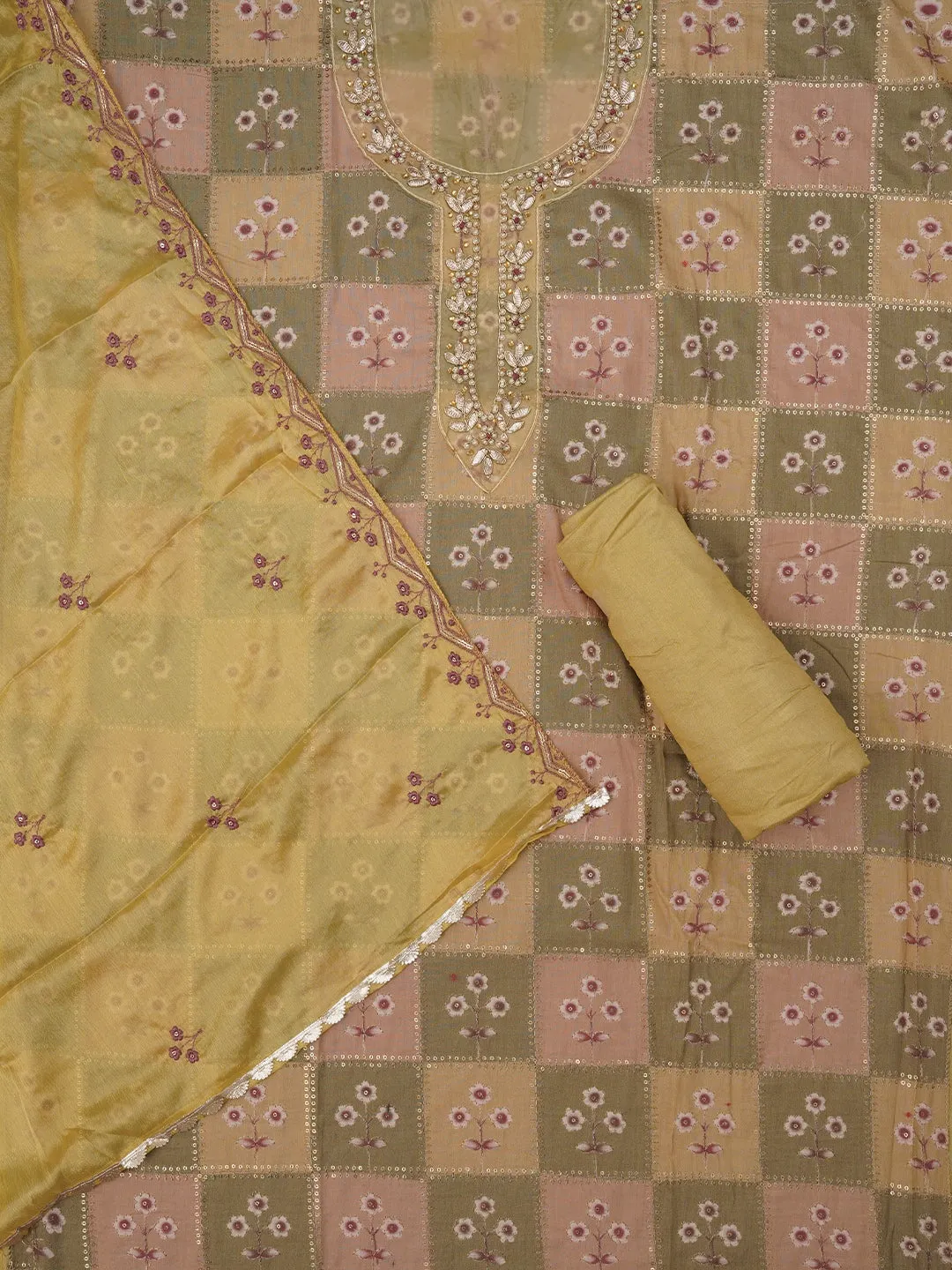 Sequin Embellished Multicolor Silk Blend Dress Material with Dupatta