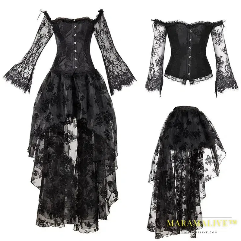 Sexy Steampunk Corset Dress Women's Medieval Victorian Gothic Lace Bustiers Corset   Irregular Skirt Wedding Party Corset Dress