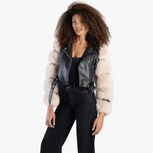 Sissy Boy Womens Faux Leather Biker Jacket Faux Fur Sleeve Black Stone