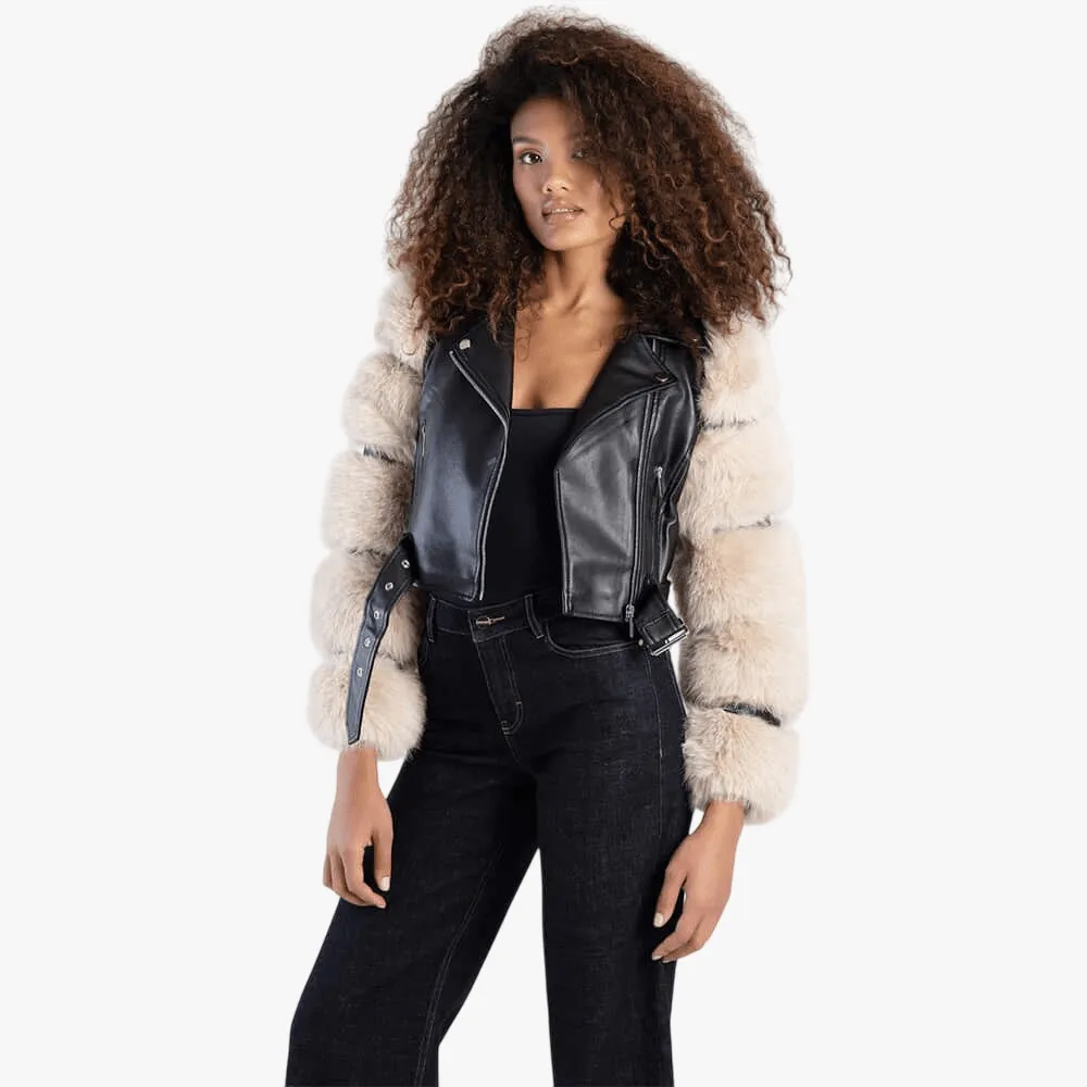 Sissy Boy Womens Faux Leather Biker Jacket Faux Fur Sleeve Black Stone