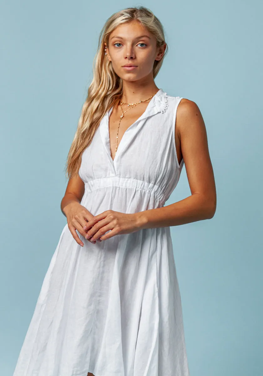 Sleeveless Linen Dress With Elastic Waist & Collar