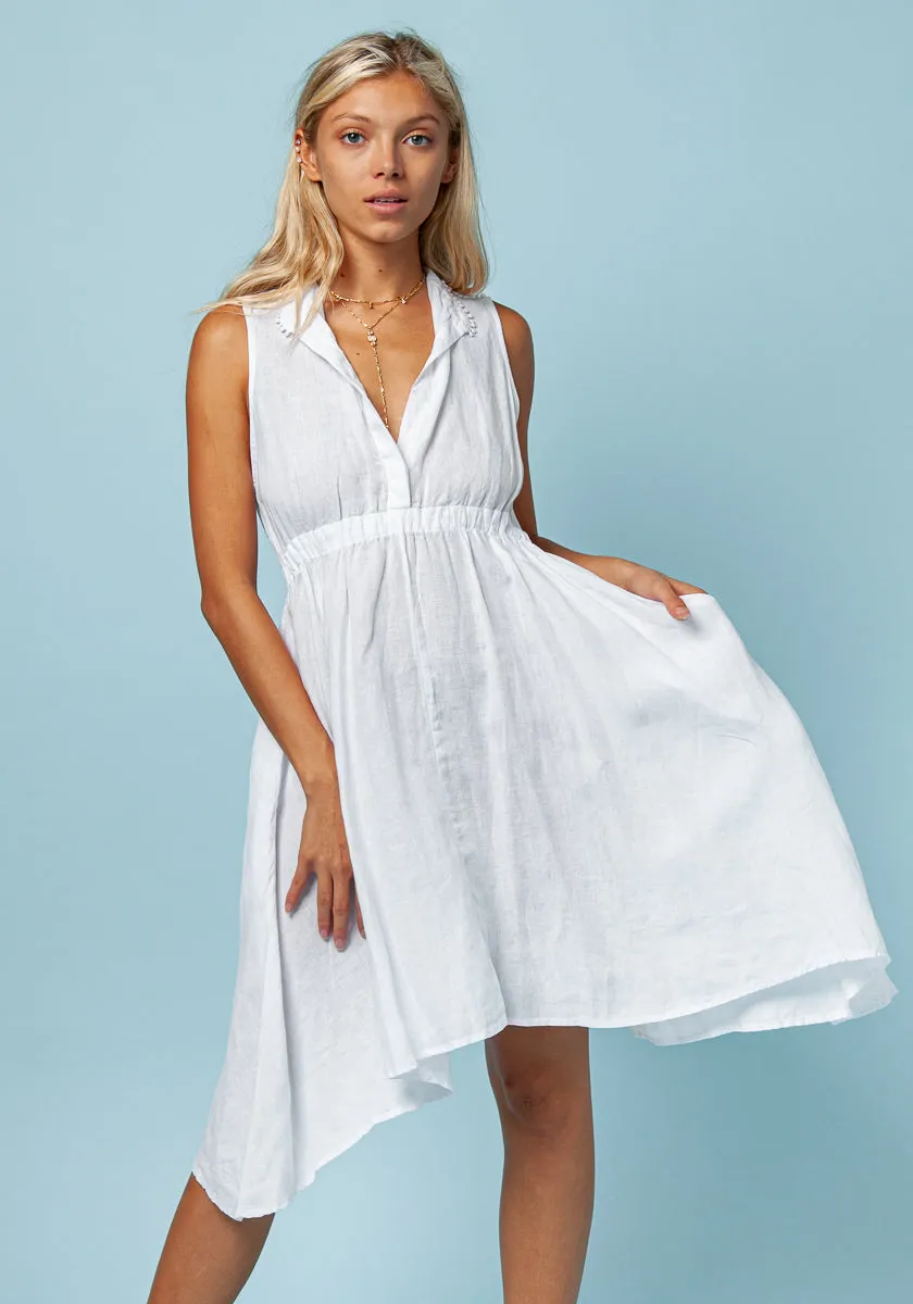Sleeveless Linen Dress With Elastic Waist & Collar