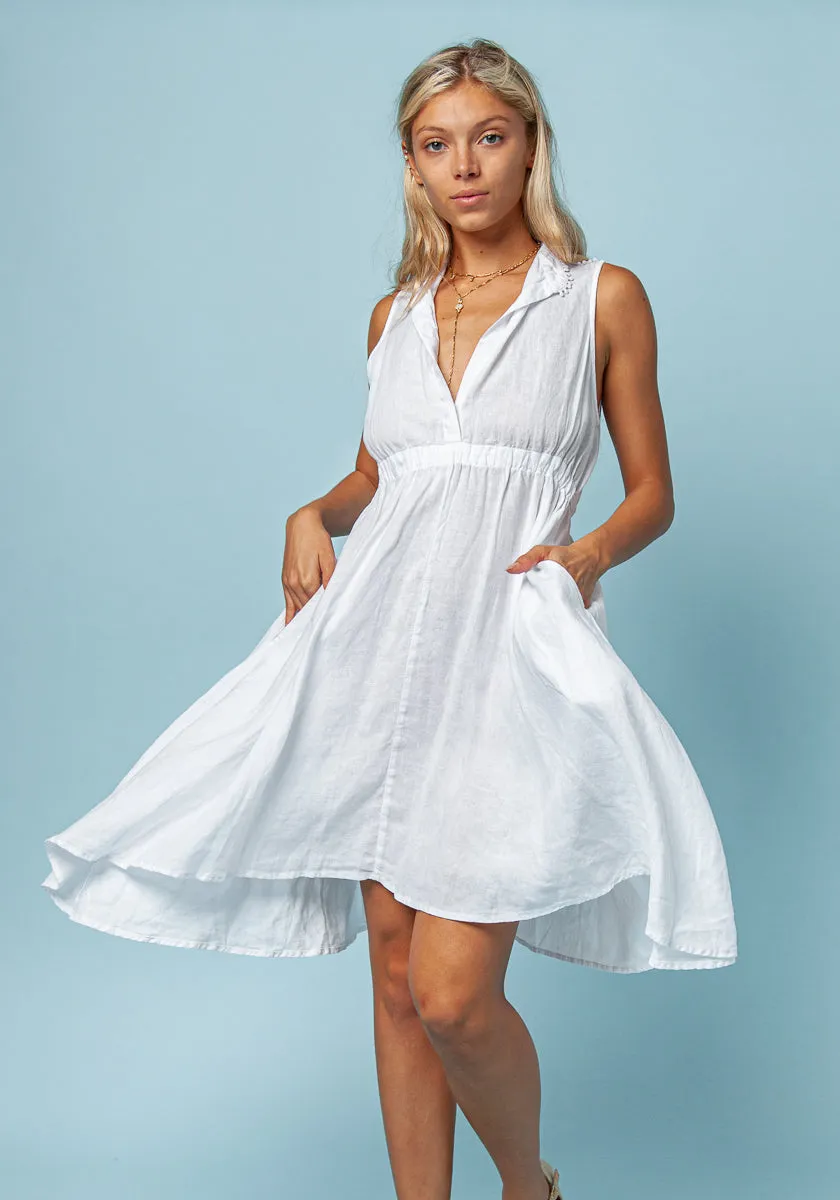 Sleeveless Linen Dress With Elastic Waist & Collar