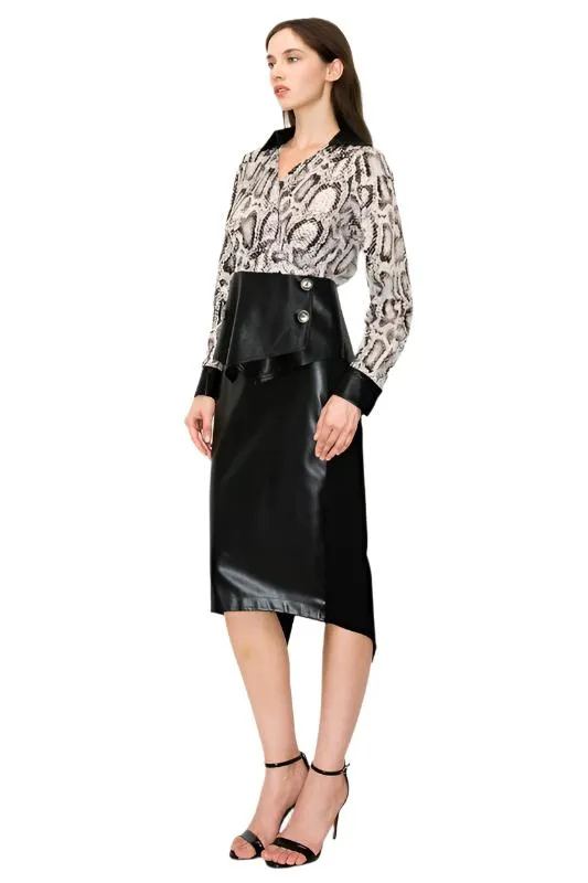 Snake Print Long Sleeve with Faux Leather Collar