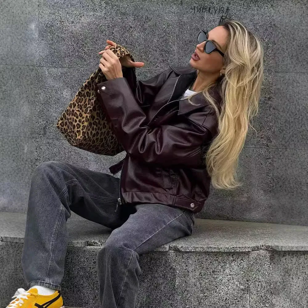Solid Color Lapel Zipper Jacket, Casual Long Sleeve Leather Coat Tops, Women's Outdoor Clothing