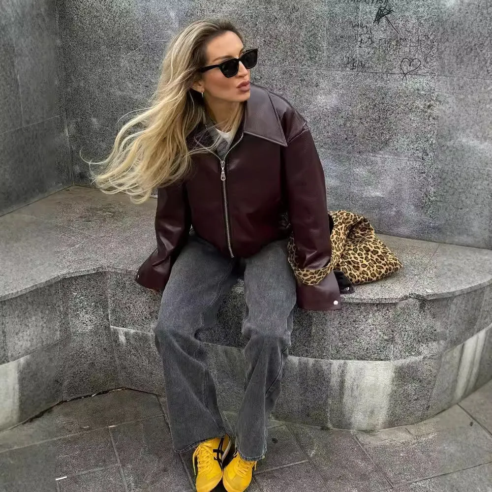 Solid Color Lapel Zipper Jacket, Casual Long Sleeve Leather Coat Tops, Women's Outdoor Clothing