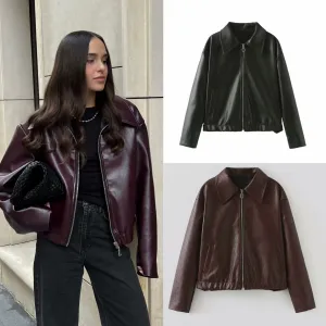 Solid Color Lapel Zipper Jacket, Casual Long Sleeve Leather Coat Tops, Women's Outdoor Clothing