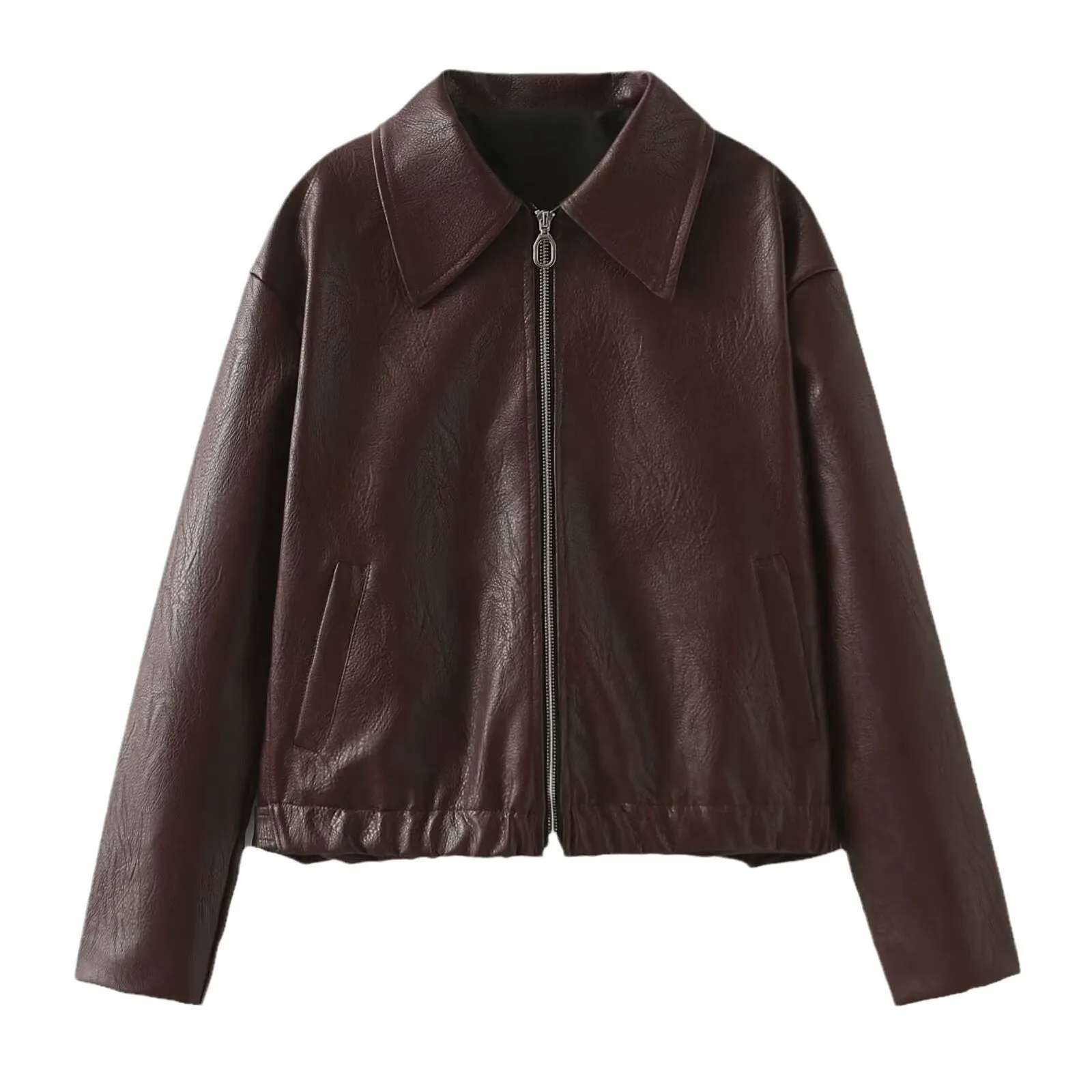 Solid Color Lapel Zipper Jacket, Casual Long Sleeve Leather Coat Tops, Women's Outdoor Clothing