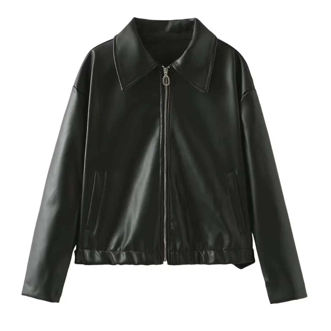 Solid Color Lapel Zipper Jacket, Casual Long Sleeve Leather Coat Tops, Women's Outdoor Clothing